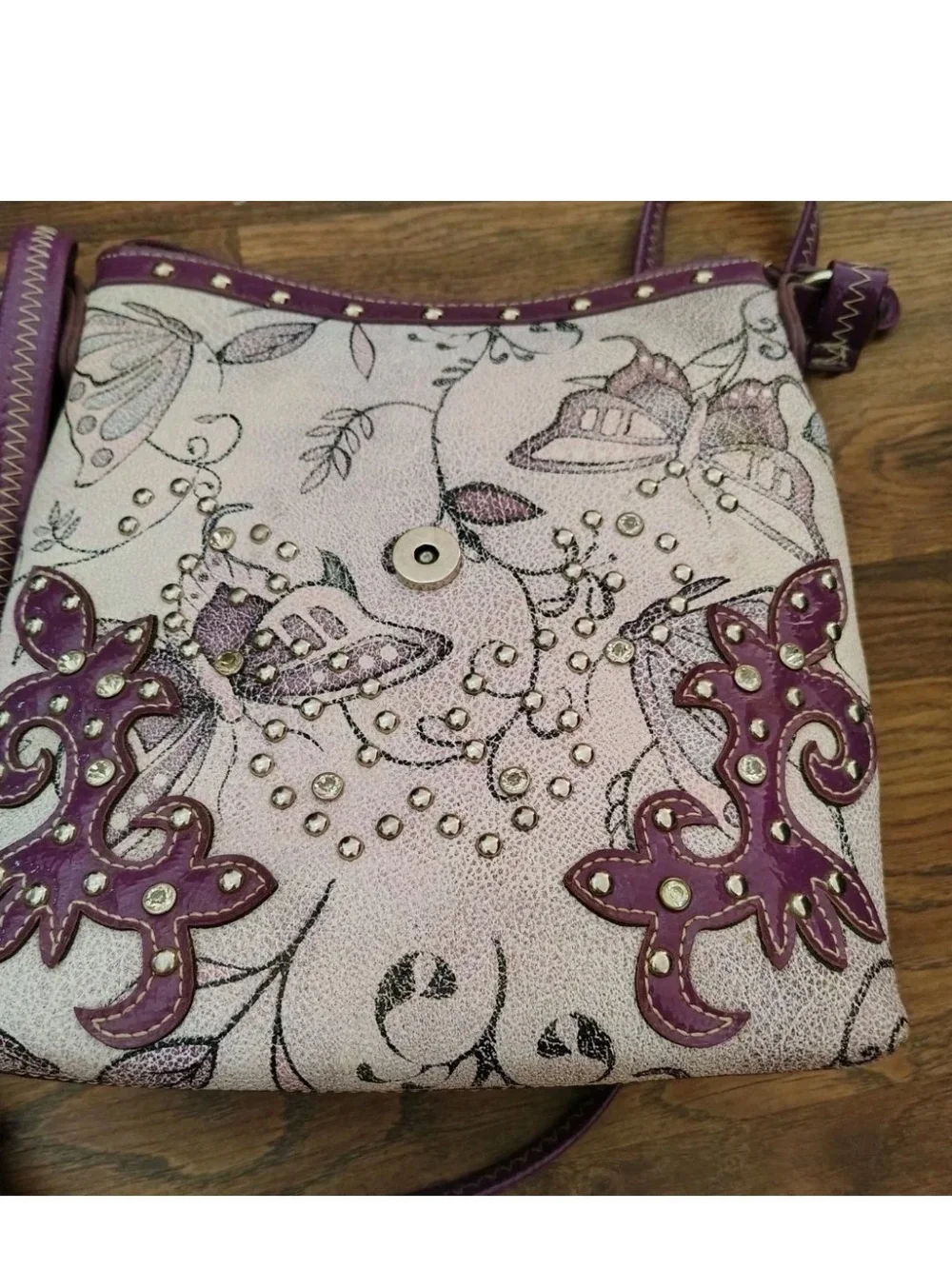 Boho Purple Floral Embellished Crossbody Bag with Matching Wallet